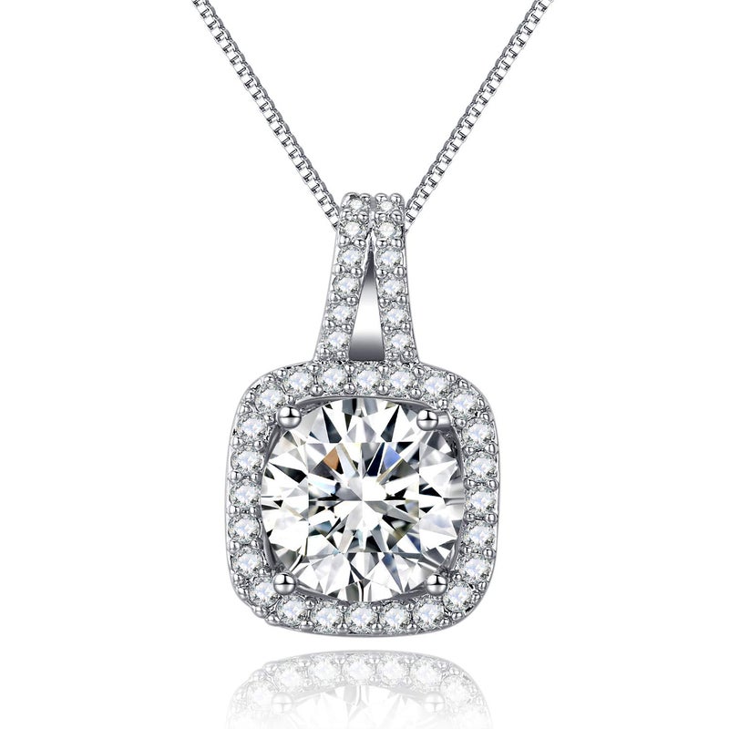 SBLING Platinum Plated Cubic Zirconia Cushion Shape Halo Pendant Necklace - Image 1